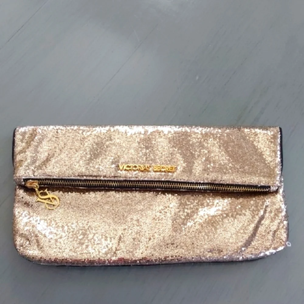Victoria's Secret Gold Metallic Shimmer Clutch Bag Top Zip Mirror inc. Sz.Large